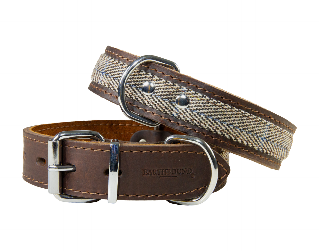 Ox Tweed Leather Dog Collar Beige Earthbound UK